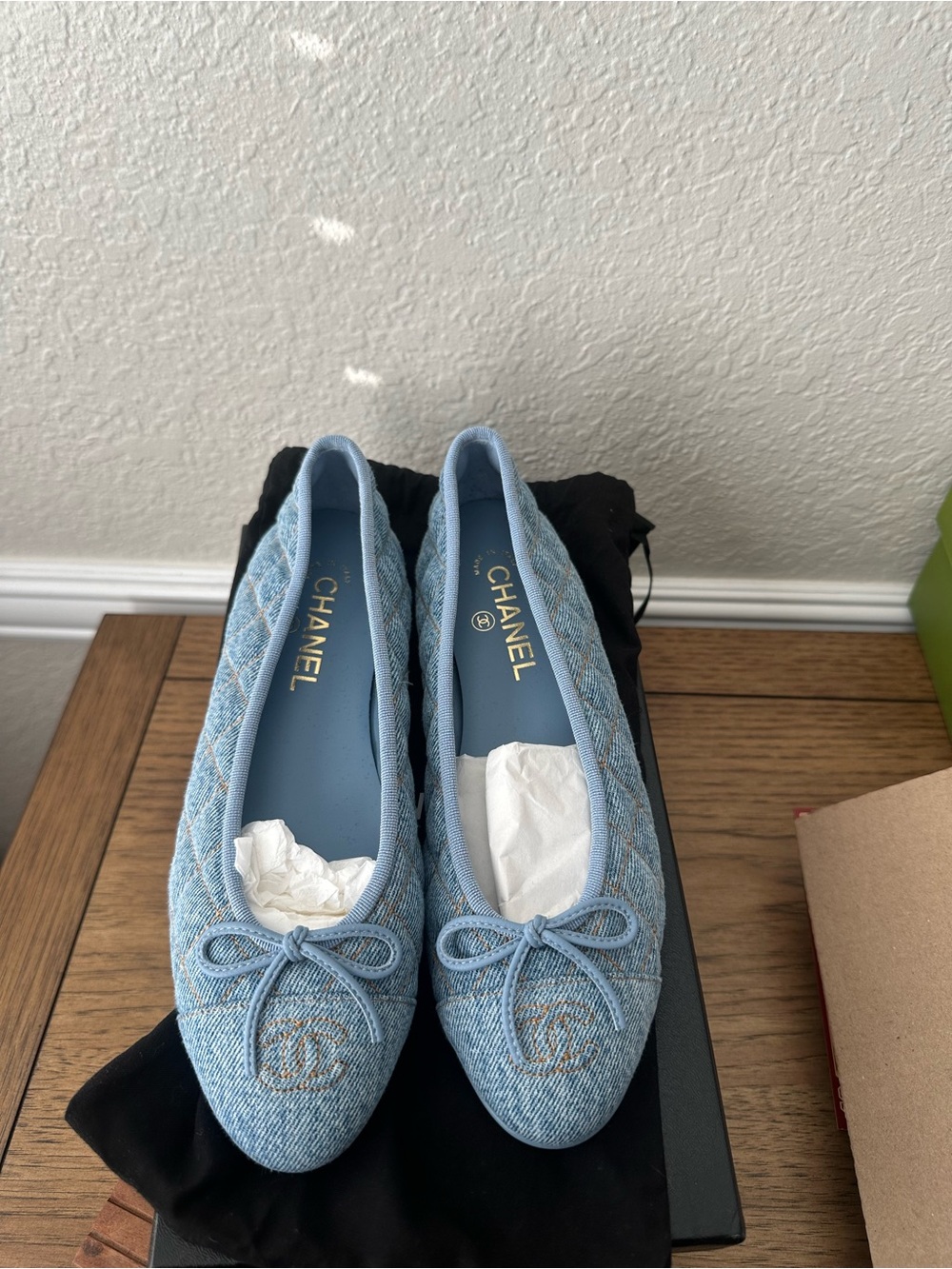 CHANEL Light Blue Quilted Denim Ballet Flats with Bow